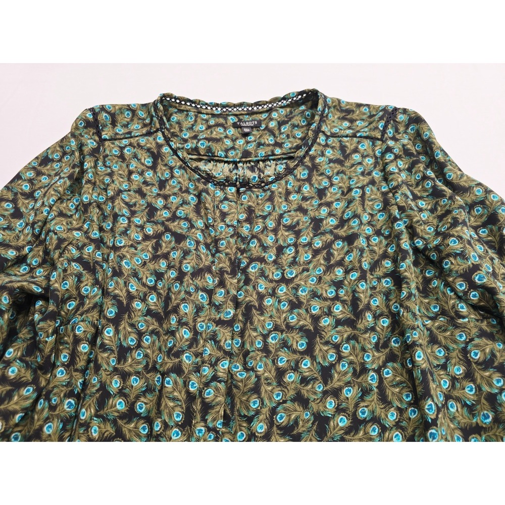 Talbots Blouse Womens 2XP Green Peacock Feather Print Tunic Relaxed Lace Inset